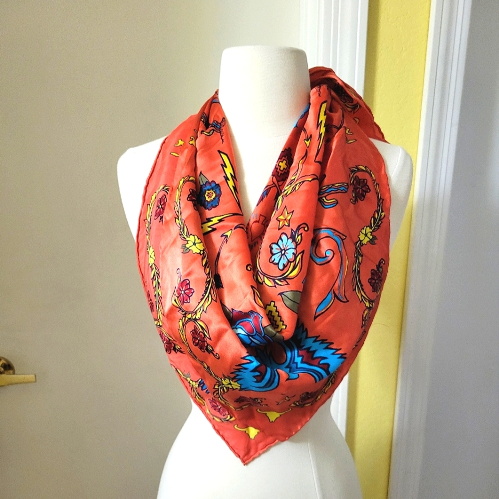 Beautiful Satin Scarf with Southwest Print Vibrant Salmon & Turquoise